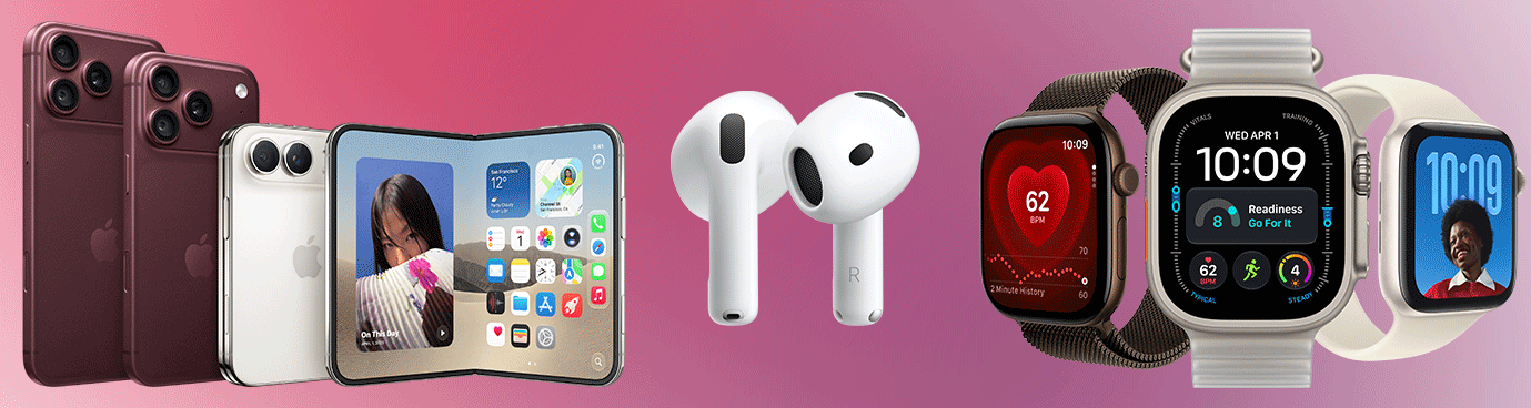 Flera modeller av iPhones, en vikbar mobil, AirPods och tre olika Apple Watch på rosa bakgrund.