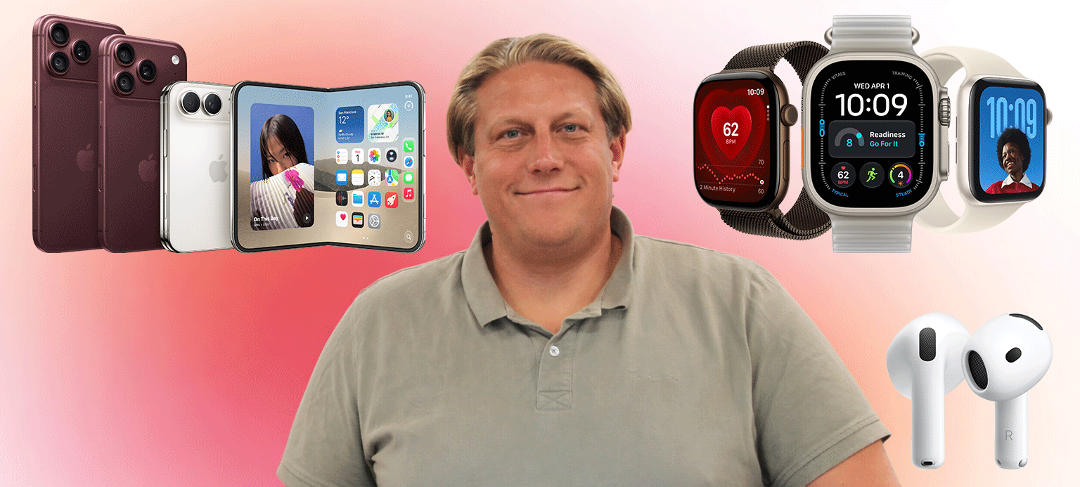 Man i grå tröja omgiven av iPhones, vikbar mobil, Apple Watch och AirPods mot rosa bakgrund.