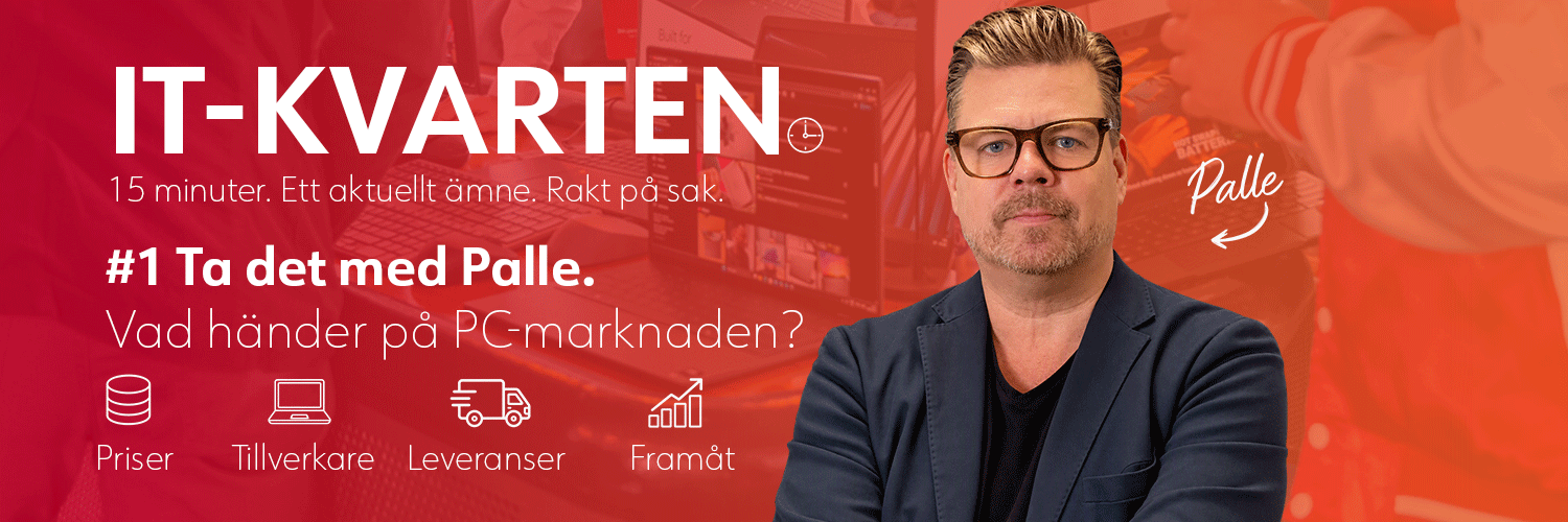Man med glasögon framför text om IT-KVARTEN, aktuellt ämne om PC-marknaden med ikoner för priser, tillverkare och leveranser.